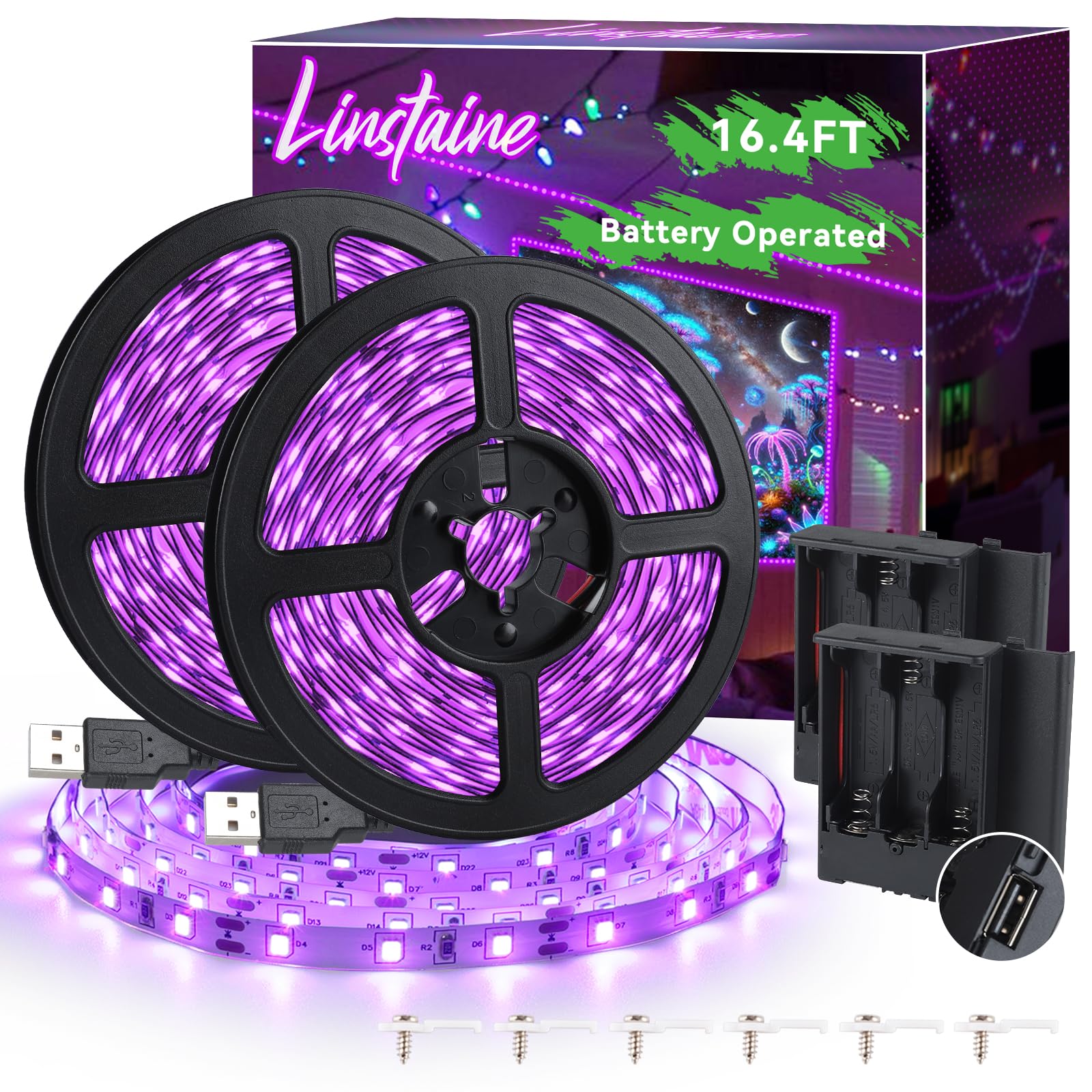 Linstaine 16.4FT Black Light Strip with USB Plug + Battery Box